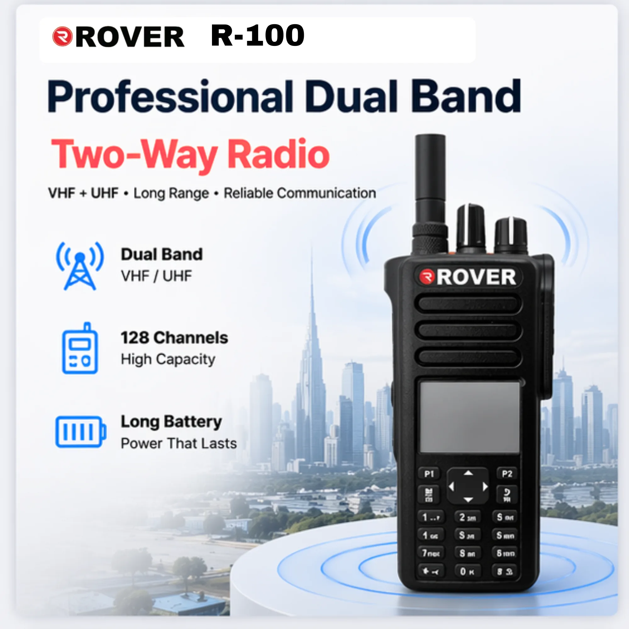 R100 two way radio handheld walkie talkie with dual display and long range communication