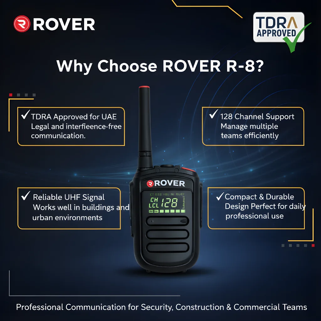 Rover R-8 TDRA approved UHF two way radio with 128 channel communication and 400-480 MHz frequency
