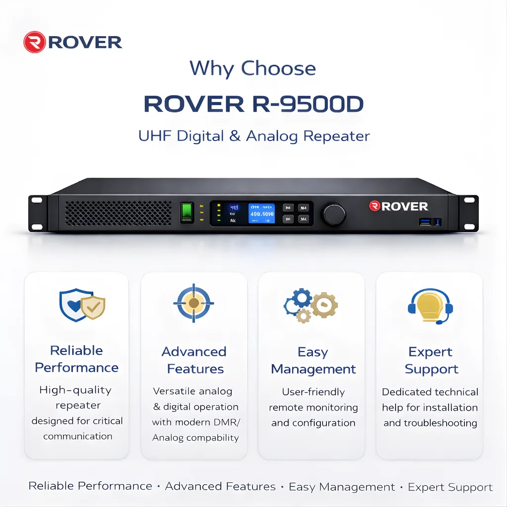 Rover R-9500D digital two-way radio repeater front panel