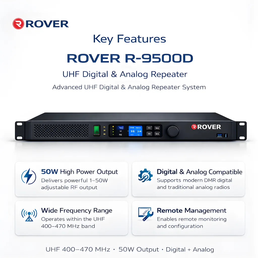 Rover R-9500D digital two-way radio repeater front panel